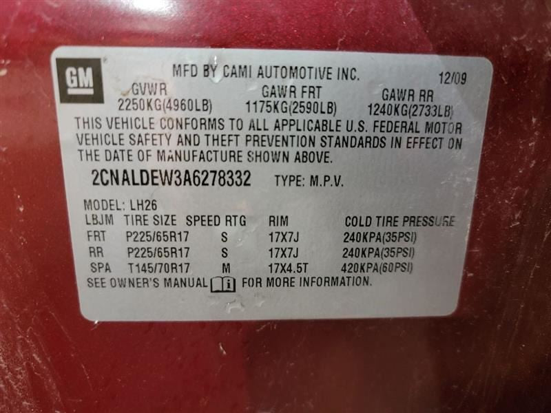 Passenger Right Air Bag Passenger Dash Fits 10 EQUINOX 565919