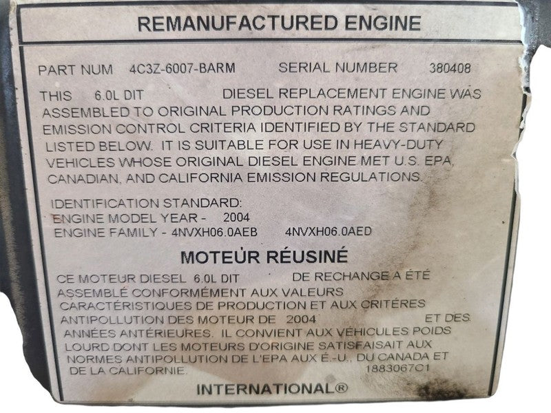 Engine 6.0L VIN P 8th Digit Diesel From 09/23/03 Fits 04 EXCURSION 675