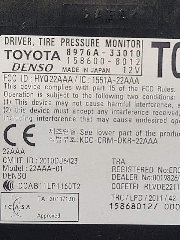 Chassis ECM Suspension TPMS Right Hand Dash Fits 13 LEXUS ES300H 65765