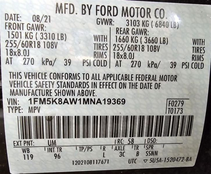 Passenger Right Air Bag Passenger Dash Fits 20 AVIATOR 591853