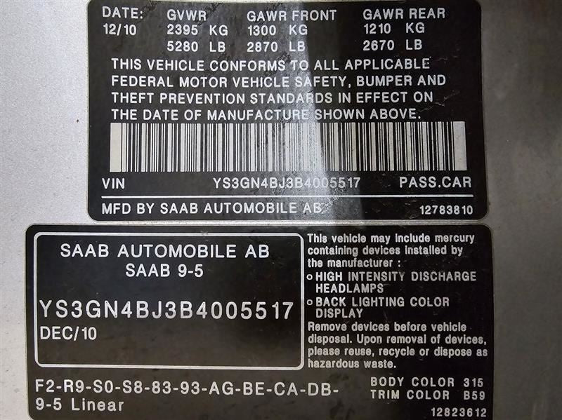 Passenger Right Air Bag Passenger Dash Fits 10-11 SAAB 9-5 591943