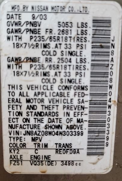 Driver Air Bag Driver 3 Spoke Wheel SE Fits 03-05 MURANO 565218