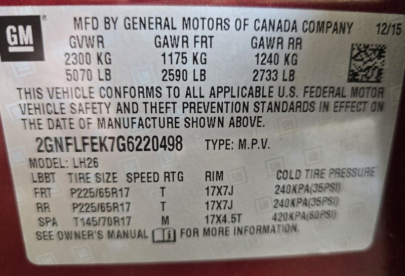 Driver Left Tail Light Fits 16-17 EQUINOX 648576