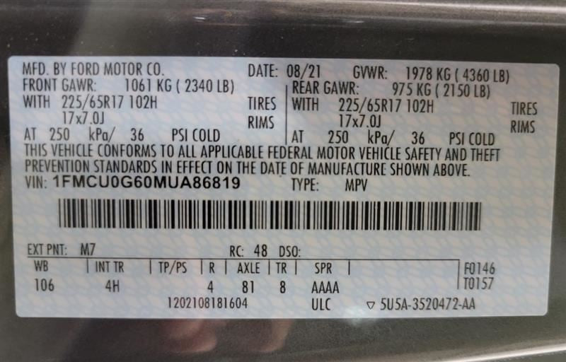 Passenger Right Air Bag Passenger Dash Fits 20 ESCAPE 572288