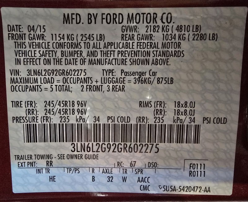 Seat Belt Front Bucket Passenger Buckle Fits 15-16 MKZ 612185
