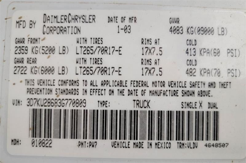 RAM2500   2003 Owners Manual 554245