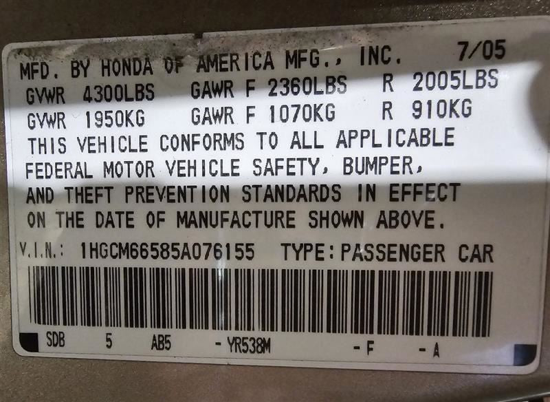 Engine Gasoline 3.0L VIN 6 6th Digit Fits 05 ACCORD 583137
