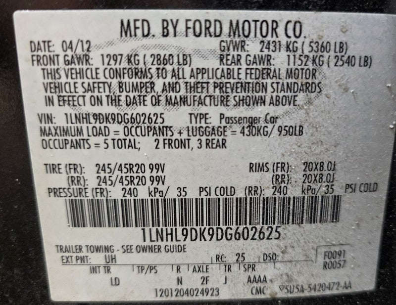 Passenger Headlight Xenon HID Adaptive Headlamps Fits 13-16 MKS 630447