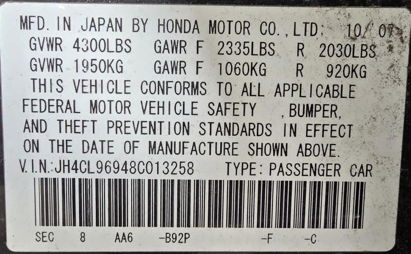 REAR TSX       2008 Driver's Side Retractor Seat Belt Rear 577125